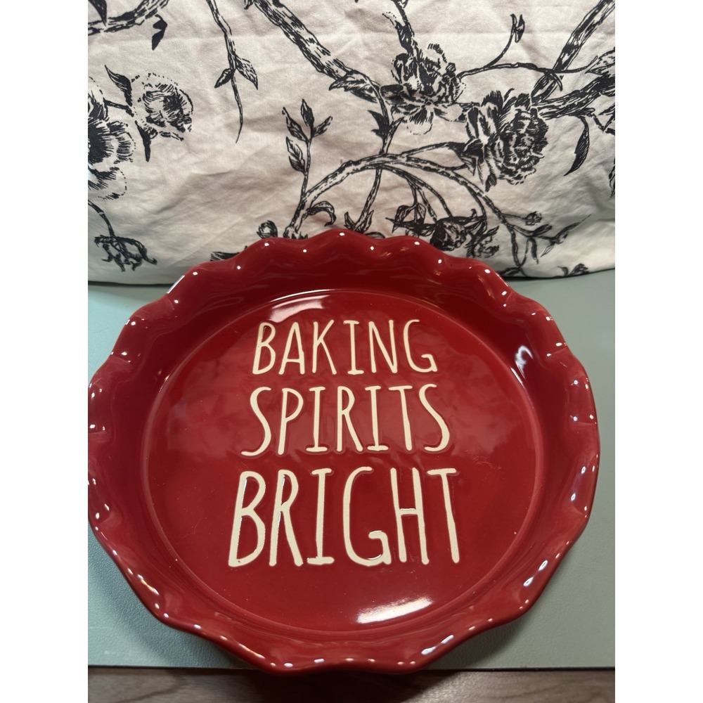 Rae Dunn Farmhouse Baking Spirits Bright Pie Plate Fluted Red Christmas 9.5"